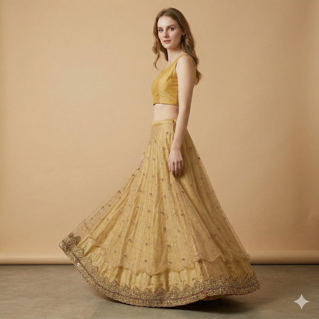 Sanskriti Vintage Golden Net Stitched Lehenga IndiaHand Embroidery Zardozi Dabka