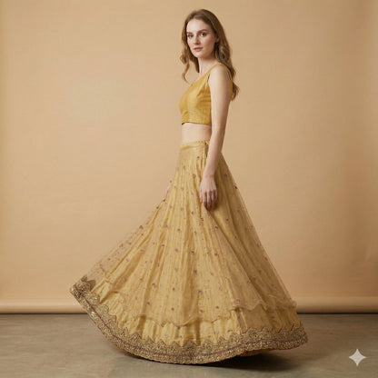 Sanskriti Vintage Golden Net Stitched Lehenga IndiaHand Embroidery Zardozi Dabka