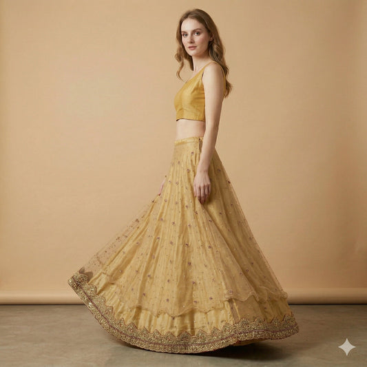 Sanskriti Vintage Golden Net Stitched Lehenga IndiaHand Embroidery Zardozi Dabka