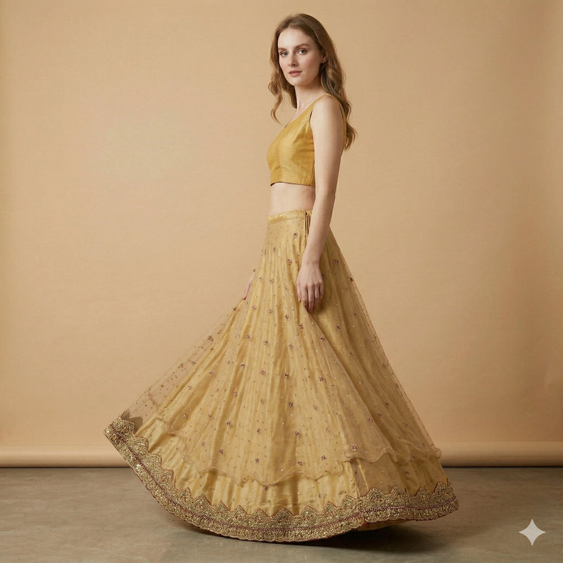 Sanskriti Vintage Golden Net Stitched Lehenga IndiaHand Embroidery Zardozi Dabka