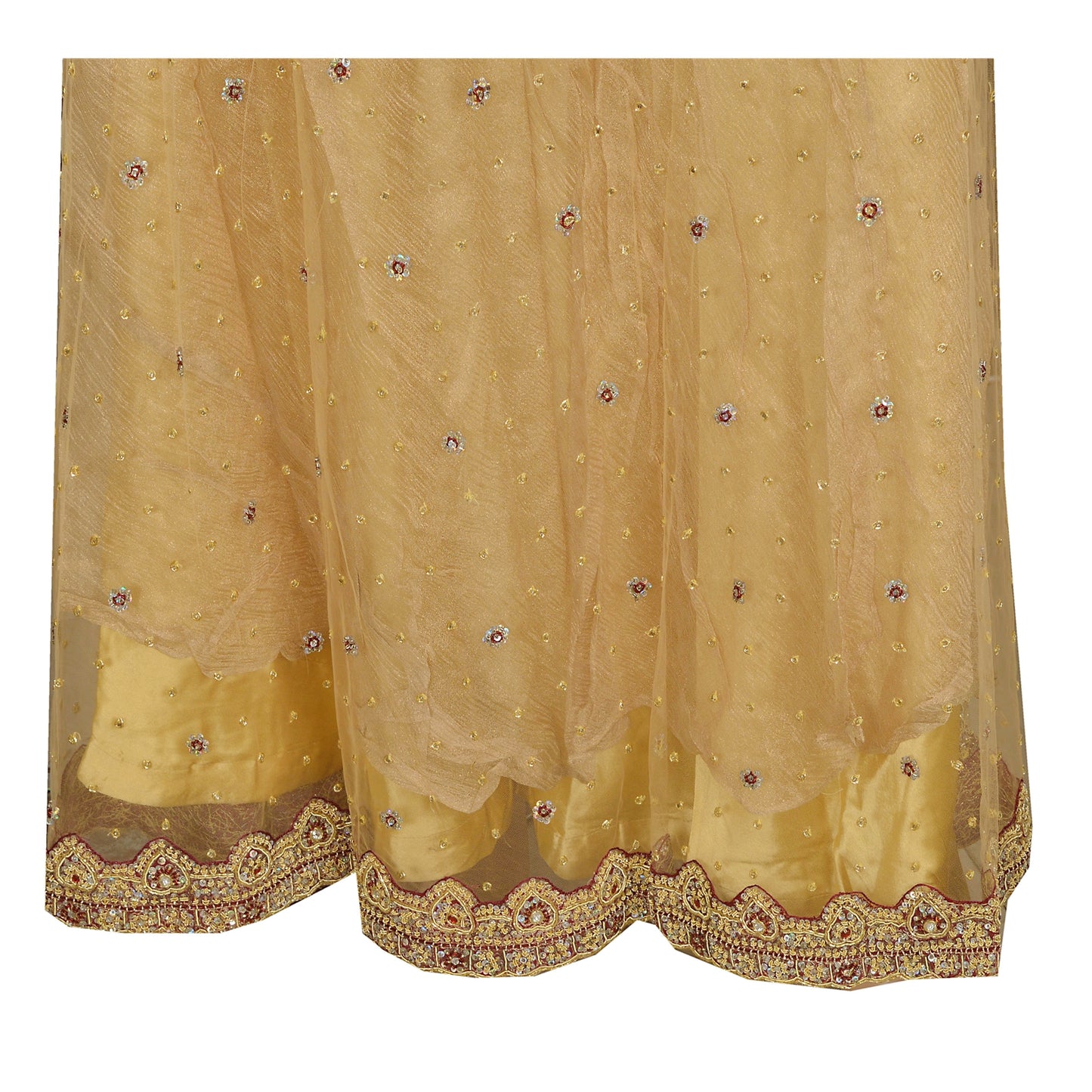 Sanskriti Vintage Golden Net Stitched Lehenga IndiaHand Embroidery Zardozi Dabka