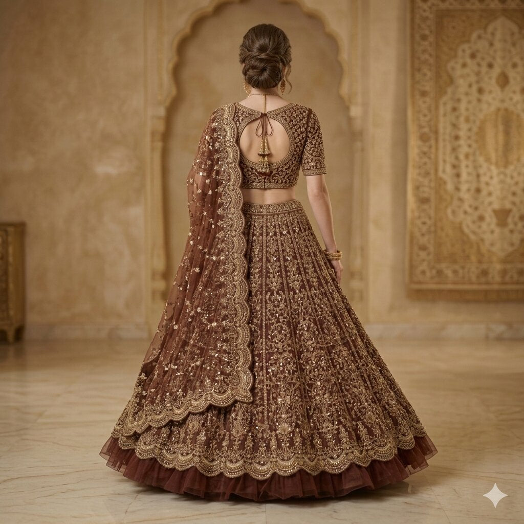 Sanskriti Vintage Dark Red Net Unstitched Lehenga Hand Embroidered Zari Zardozi