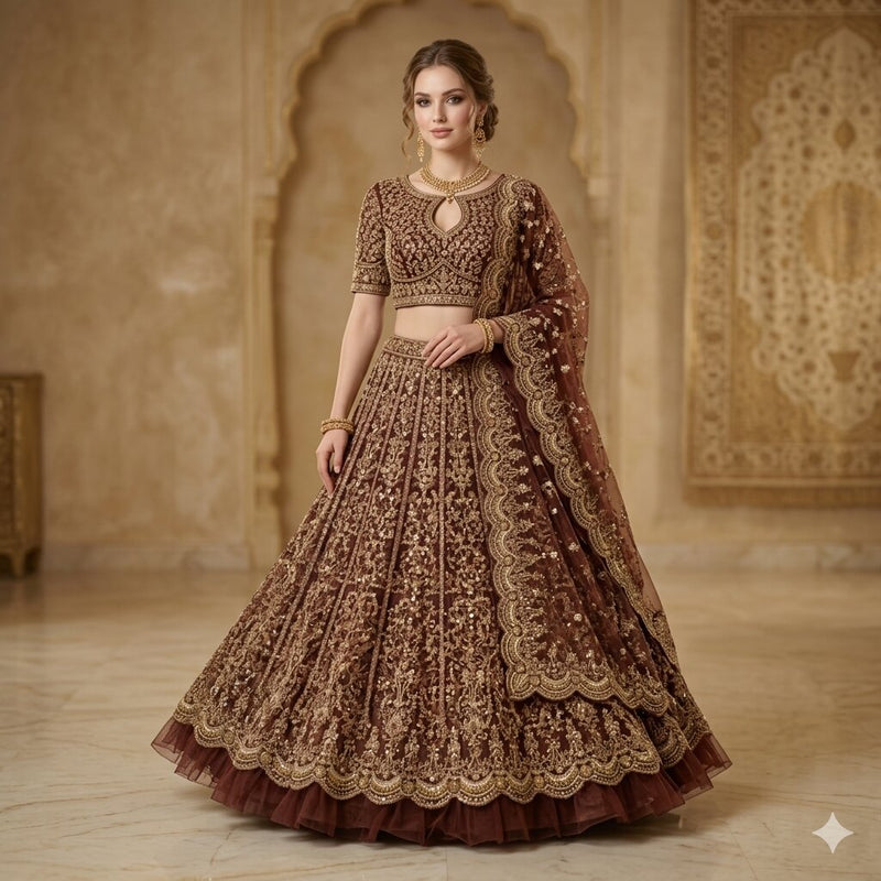 Sanskriti Vintage Dark Red Net Unstitched Lehenga Hand Embroidered Zari Zardozi