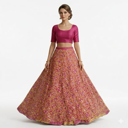 Sanskriti Vintage Pink Georgette Stitched Lehenga Hand Embroidery Thread Knotted
