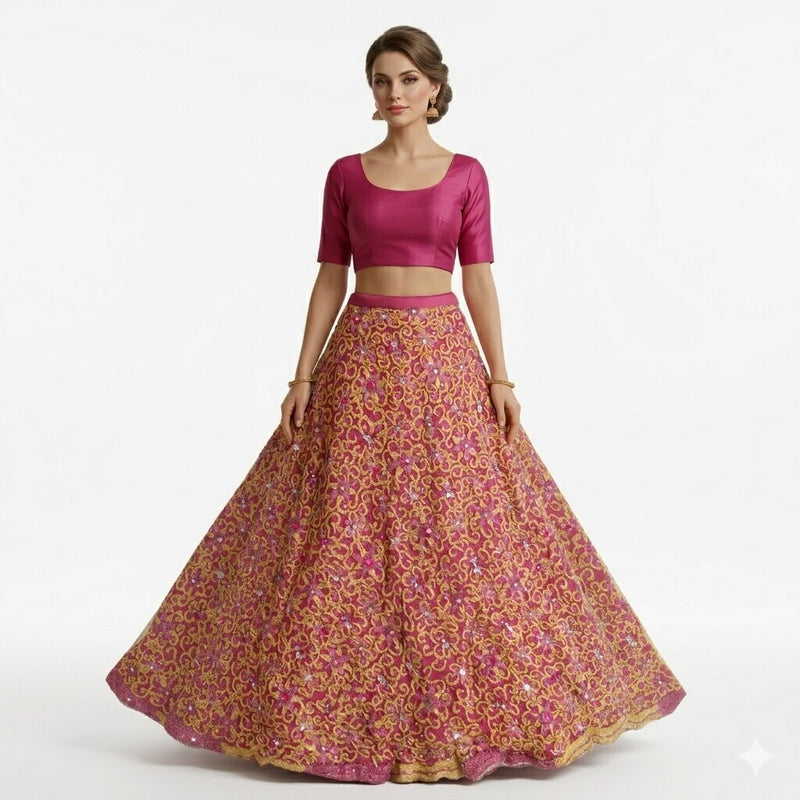 Sanskriti Vintage Pink Georgette Stitched Lehenga Hand Embroidery Thread Knotted