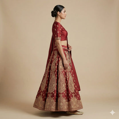 Sanskriti Vintage Dark Red Satin Silk Unstitched Lehenga Hand Embroidery Zardozi