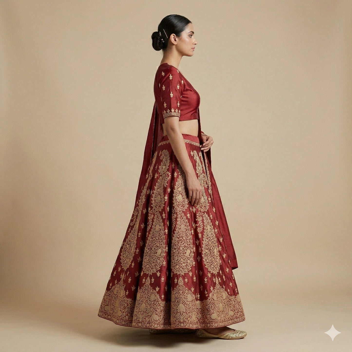 Sanskriti Vintage Dark Red Satin Silk Unstitched Lehenga Hand Embroidery Zardozi