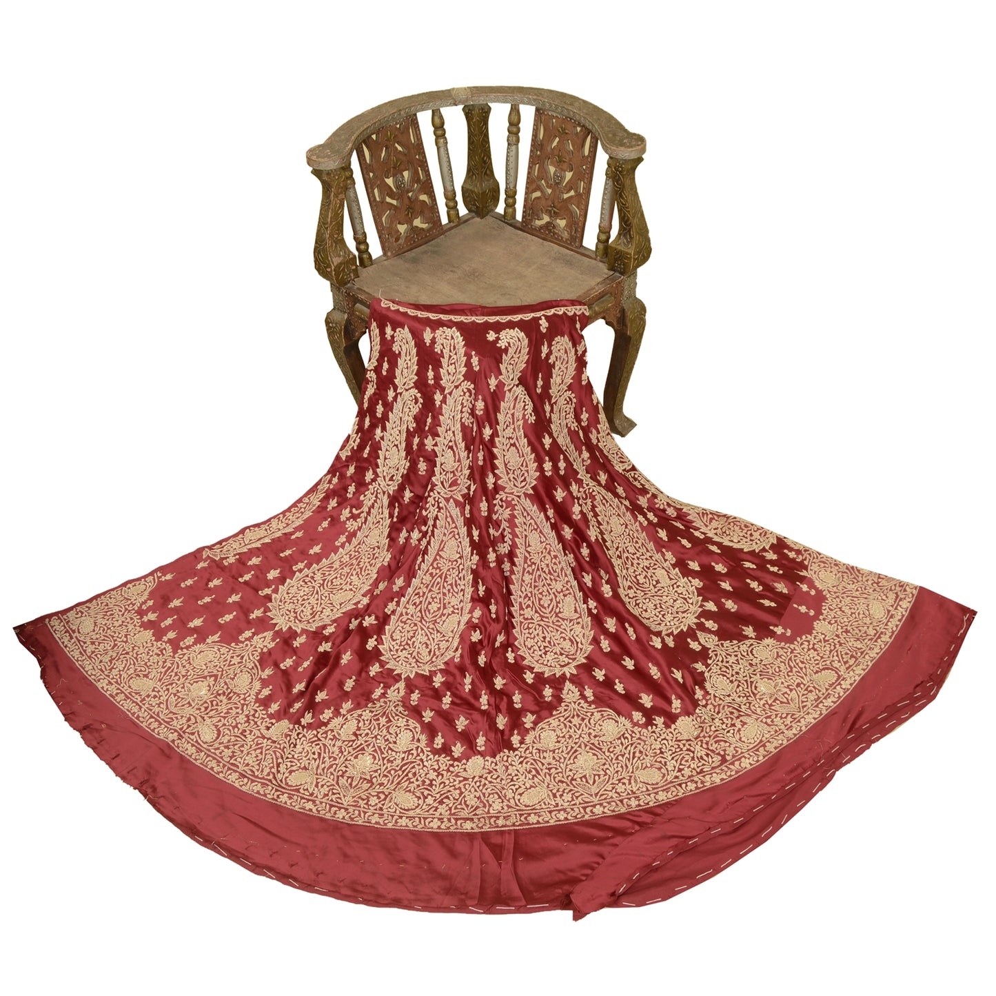Sanskriti Vintage Dark Red Satin Silk Unstitched Lehenga Hand Embroidery Zardozi