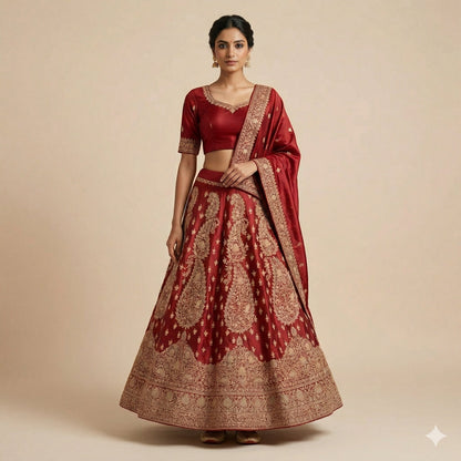 Sanskriti Vintage Dark Red Satin Silk Unstitched Lehenga Hand Embroidery Zardozi