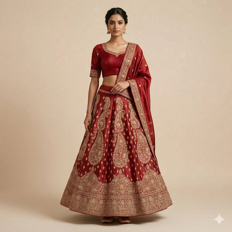 Sanskriti Vintage Dark Red Satin Silk Unstitched Lehenga Hand Embroidery Zardozi