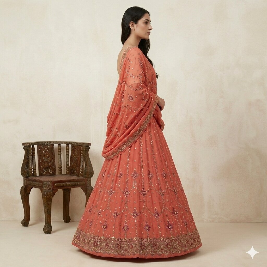 Sanskriti Vintage Peach Georgette Unstitch Lehenga Hand Embroidery Zardozi Stone