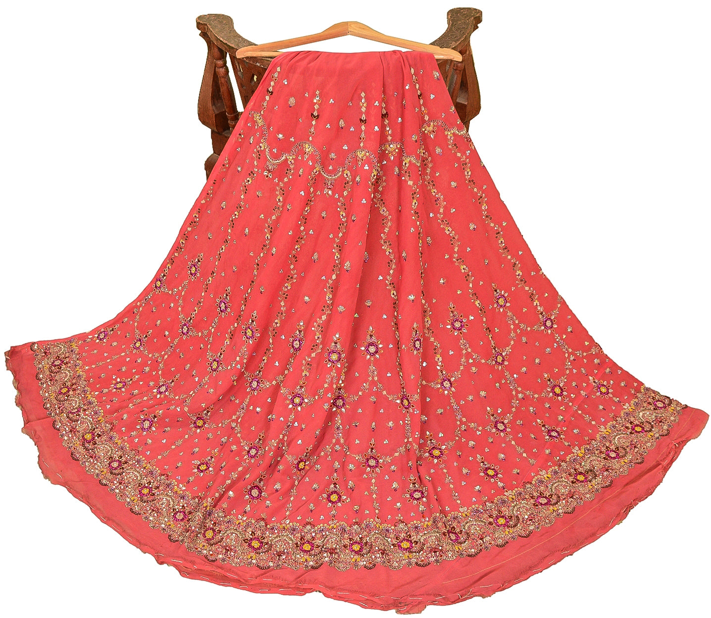 Sanskriti Vintage Peach Georgette Unstitch Lehenga Hand Embroidery Zardozi Stone