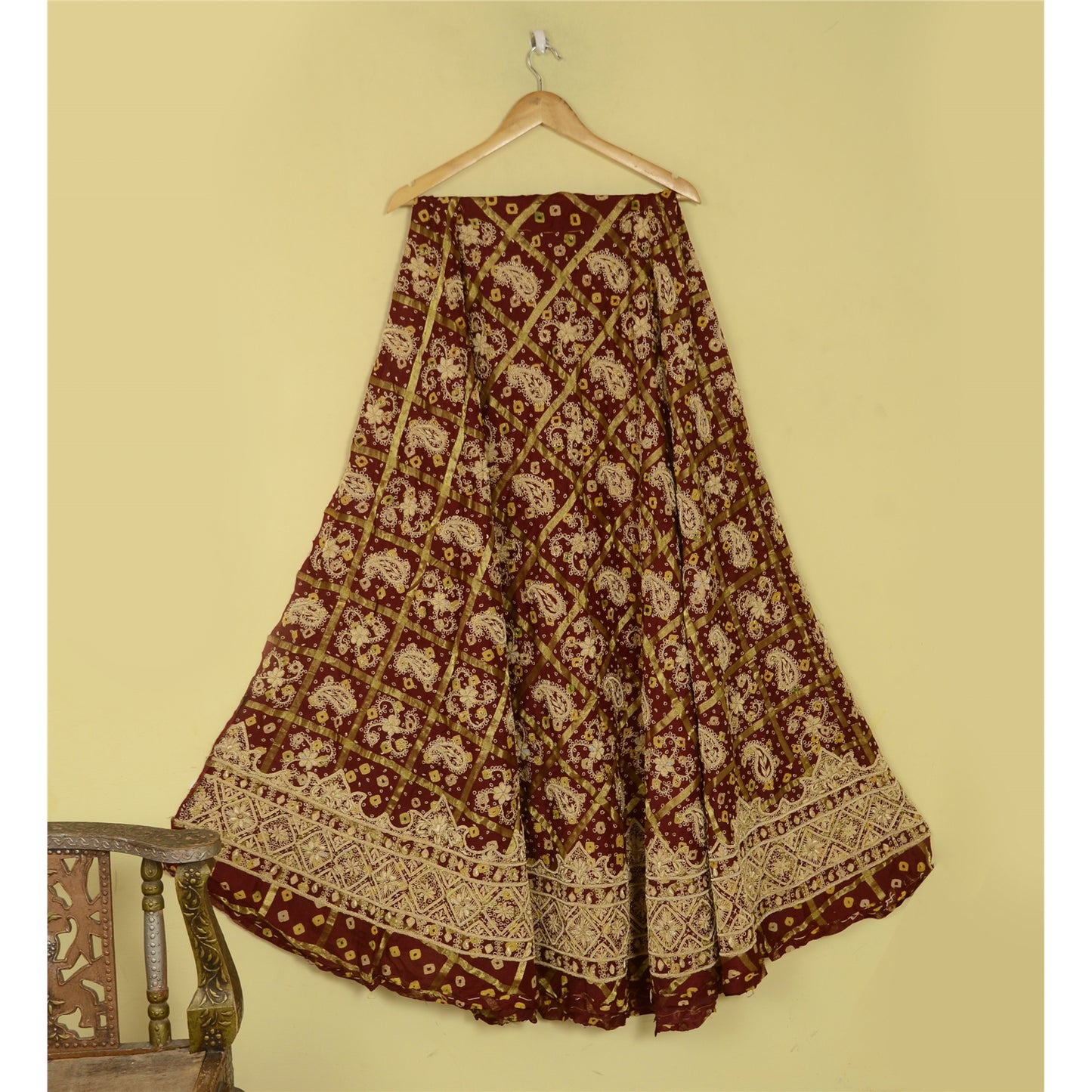 Sanskriti Vintage DarkRed Pure Silk Unstitch Lehenga Handmade Bandhani Gharcholi