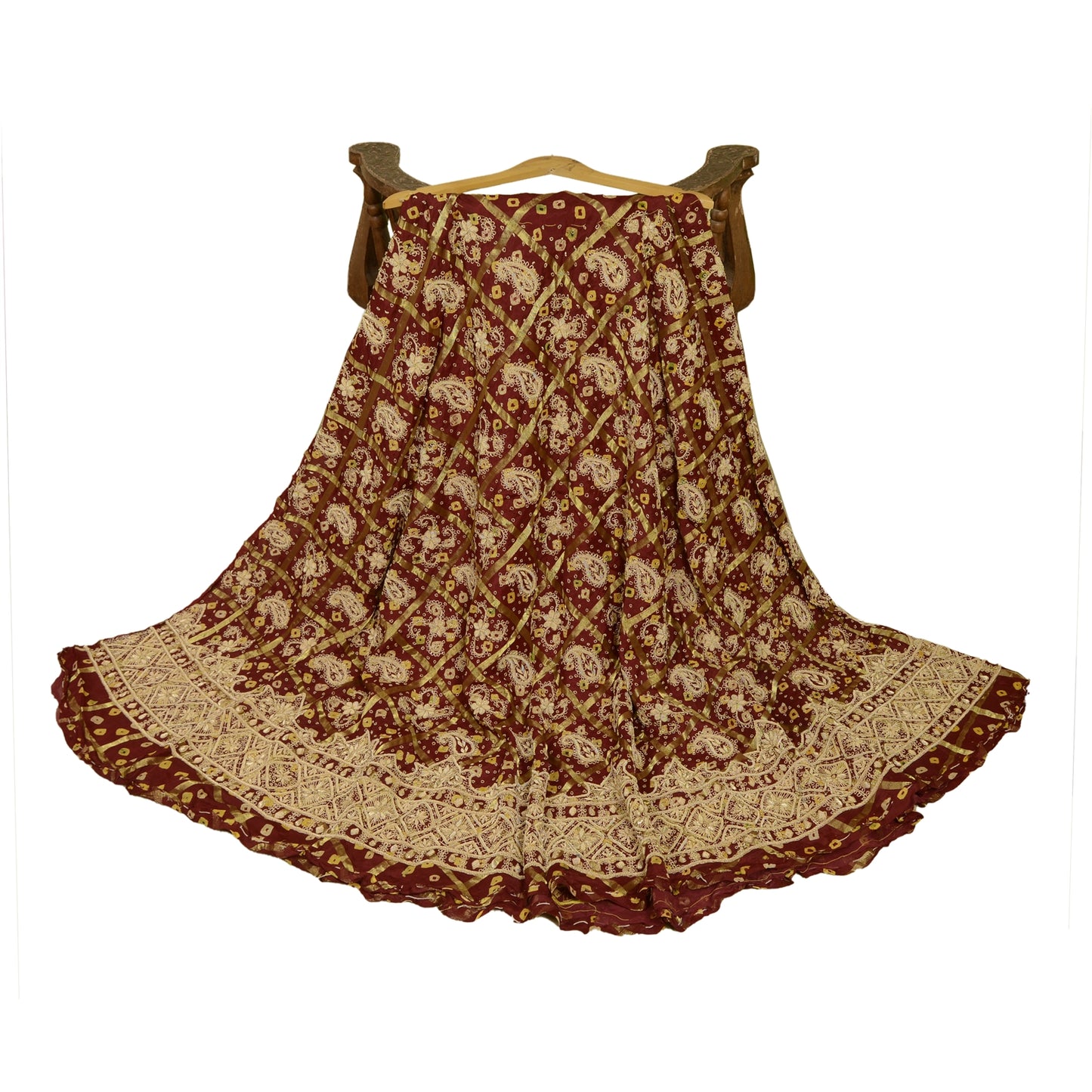Sanskriti Vintage DarkRed Pure Silk Unstitch Lehenga Handmade Bandhani Gharcholi
