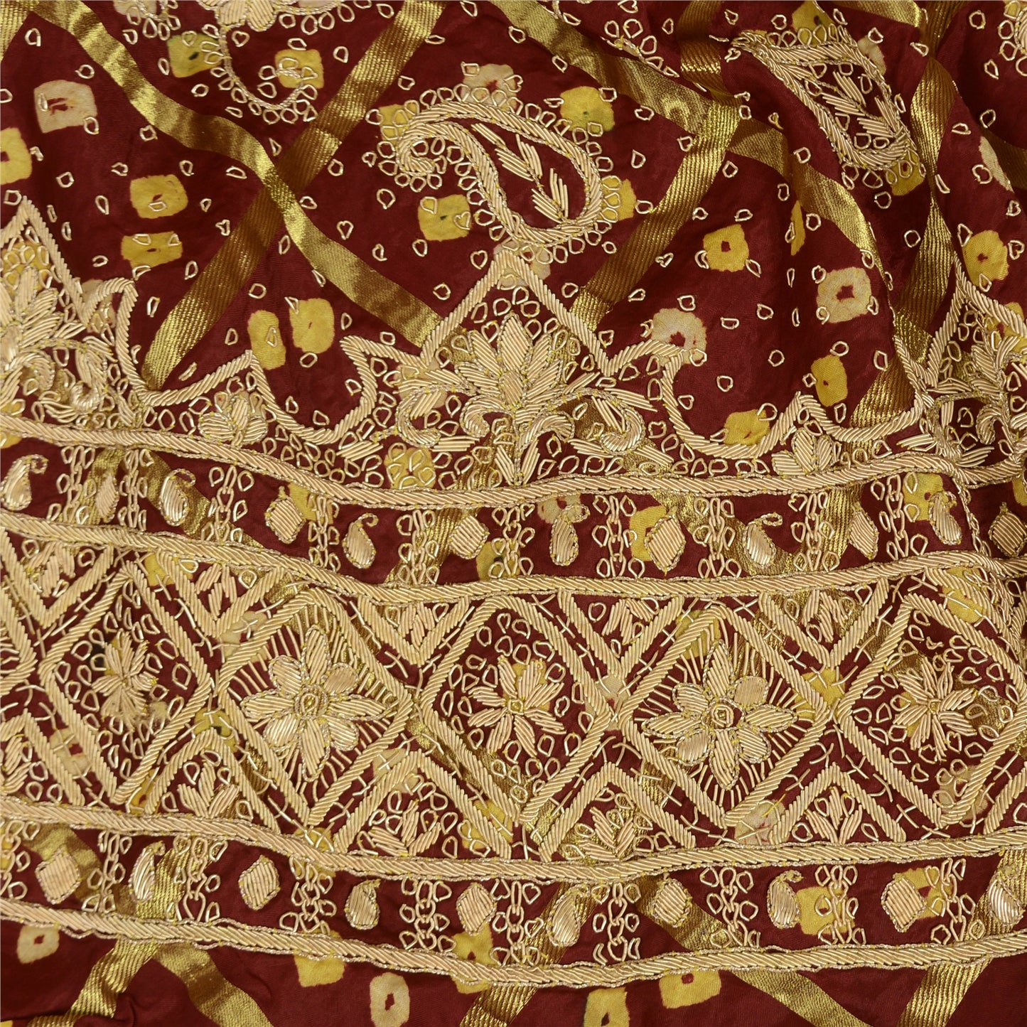 Sanskriti Vintage DarkRed Pure Silk Unstitch Lehenga Handmade Bandhani Gharcholi