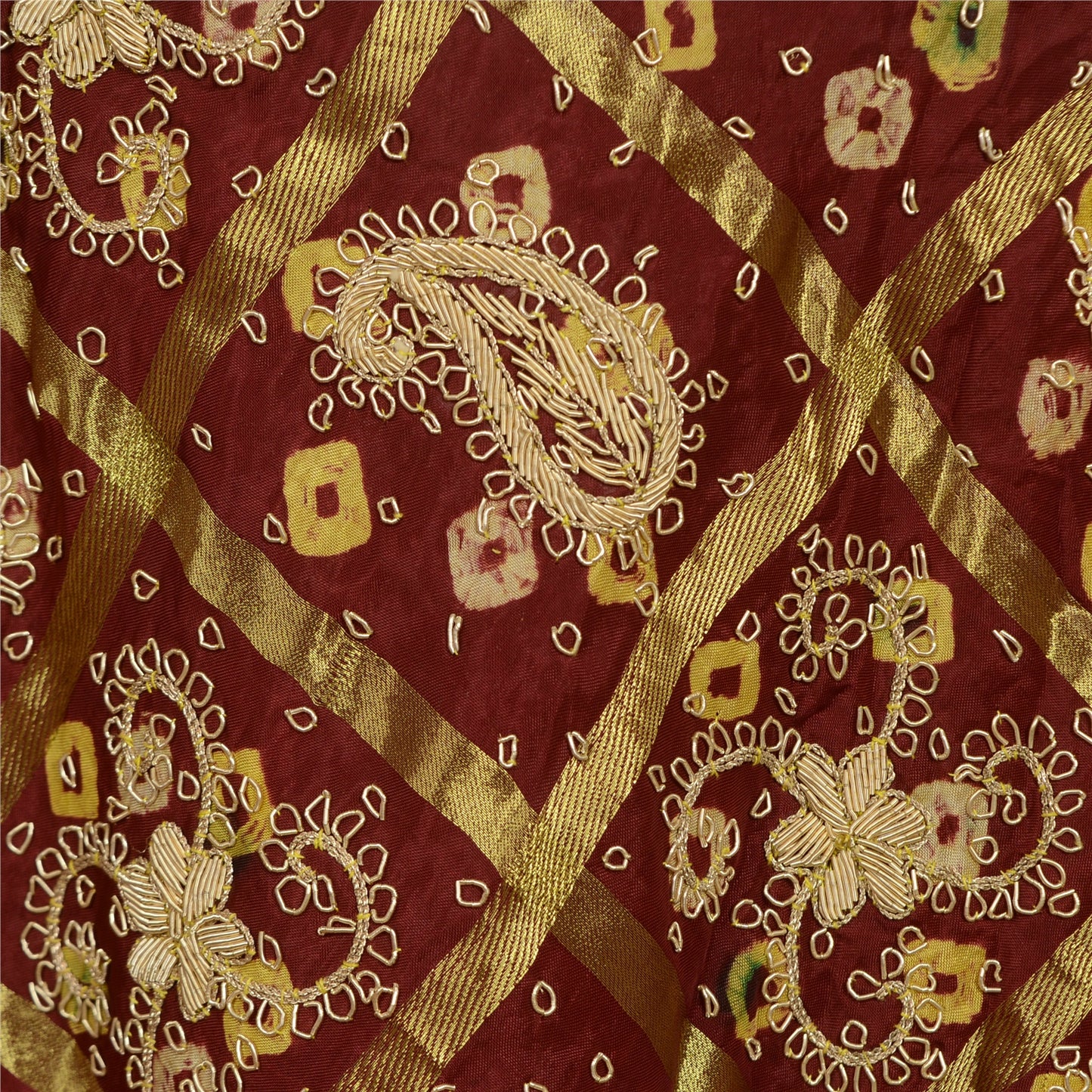 Sanskriti Vintage DarkRed Pure Silk Unstitch Lehenga Handmade Bandhani Gharcholi