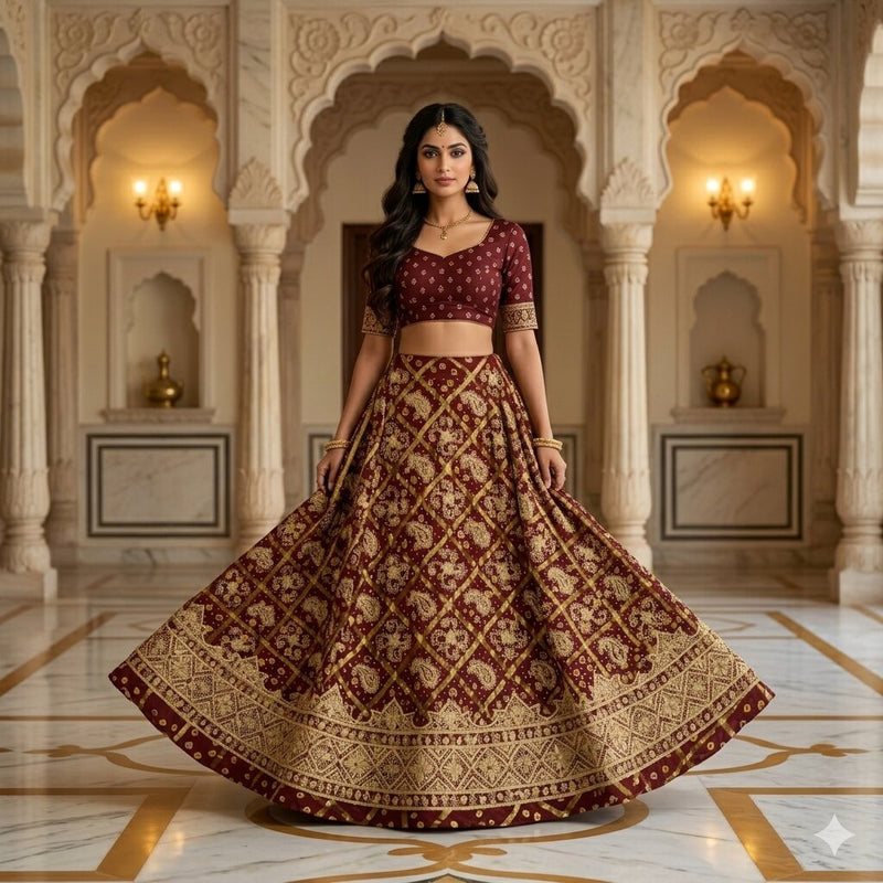 Sanskriti Vintage DarkRed Pure Silk Unstitch Lehenga Handmade Bandhani Gharcholi