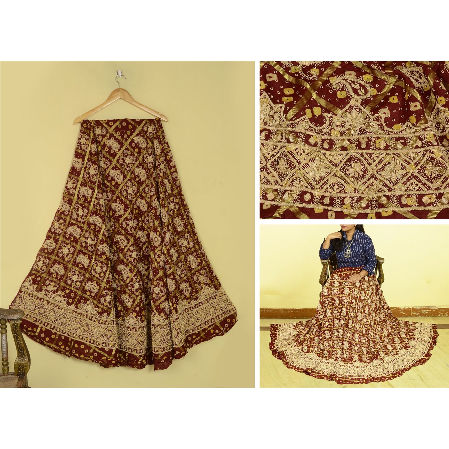 Sanskriti Vintage DarkRed Pure Silk Unstitch Lehenga Handmade Bandhani Gharcholi