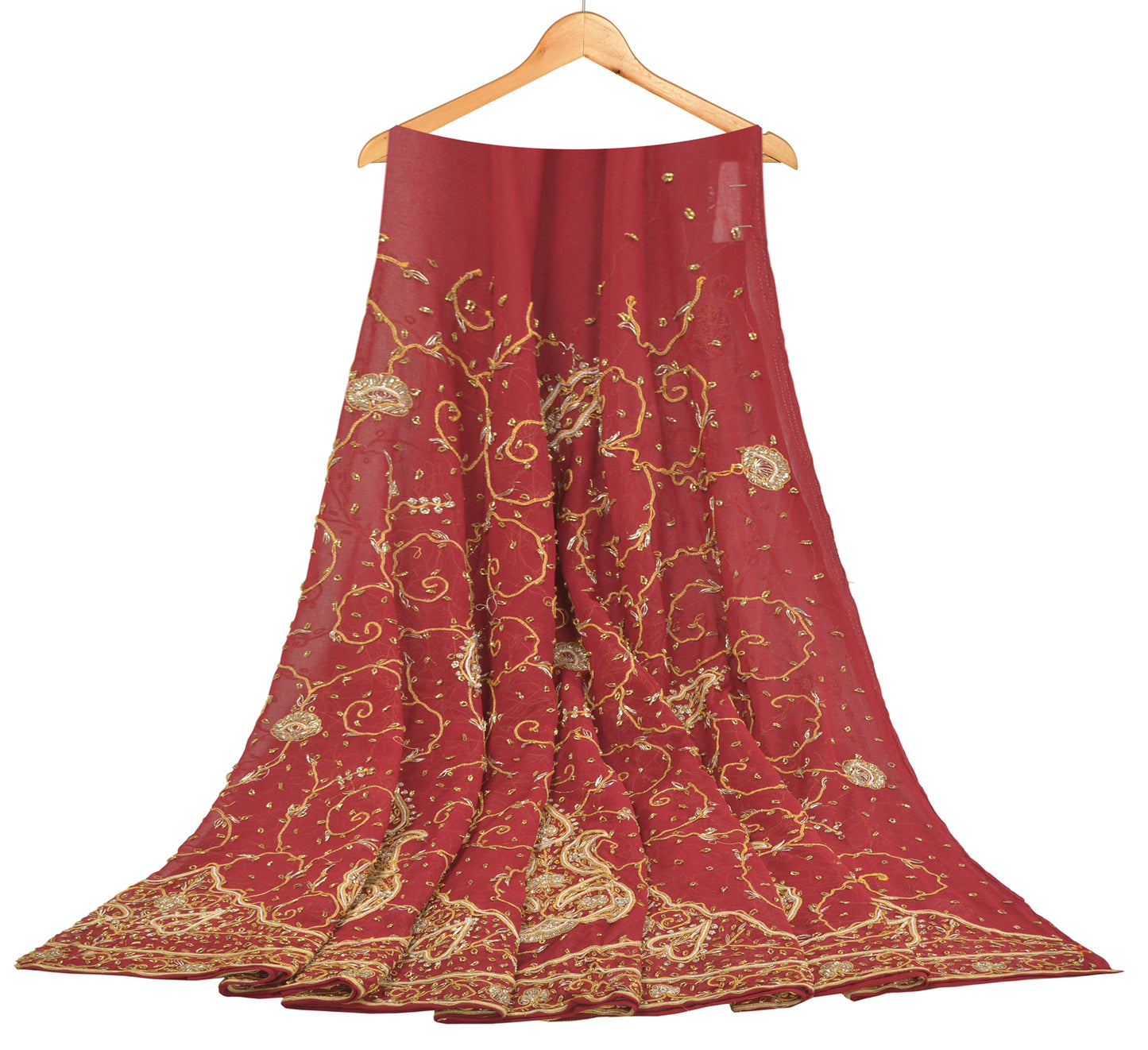 Sanskriti Vintage Red Georgette Unstitched Lehenga Hand Embroidery Zardozi Dabka