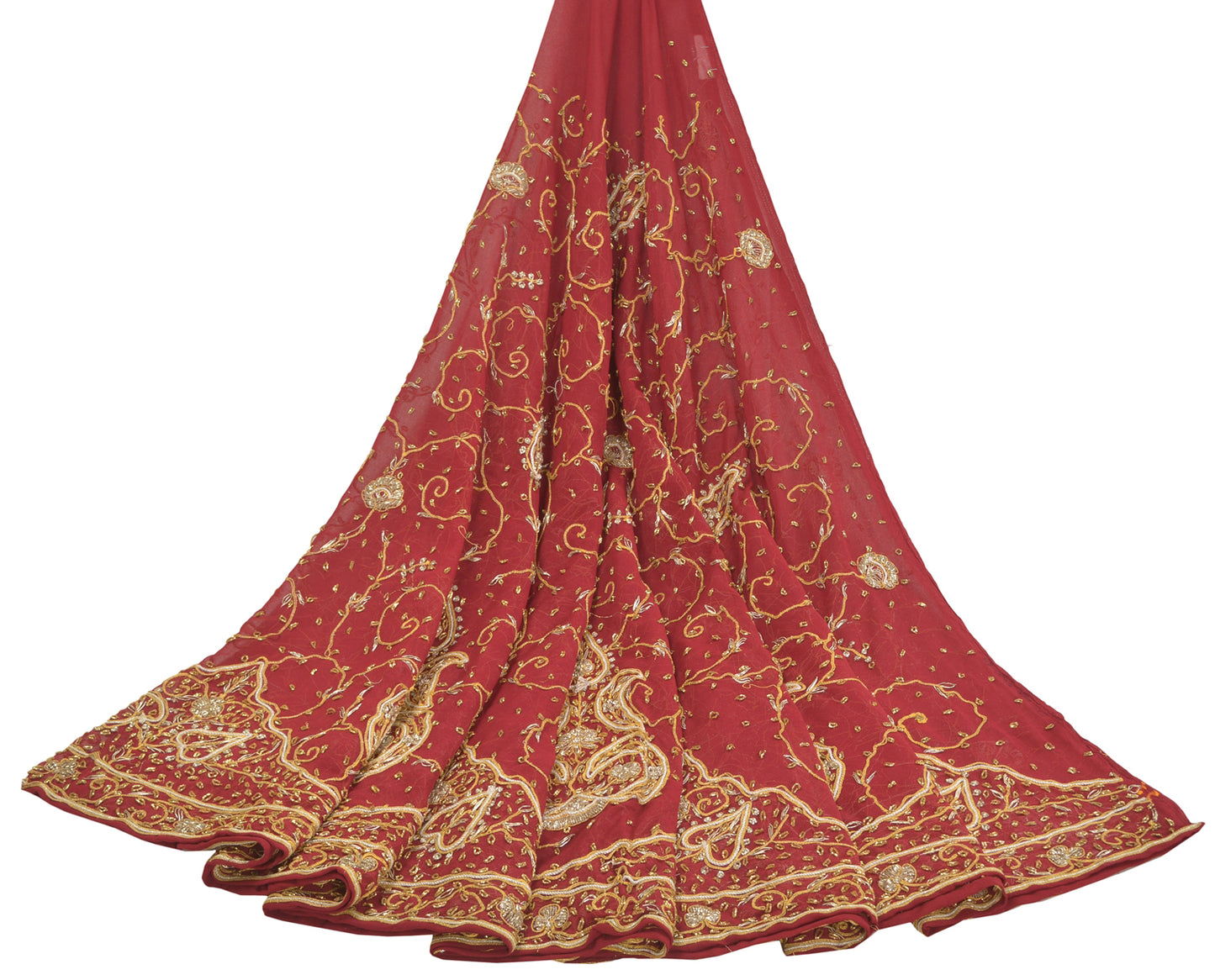 Sanskriti Vintage Red Georgette Unstitched Lehenga Hand Embroidery Zardozi Dabka