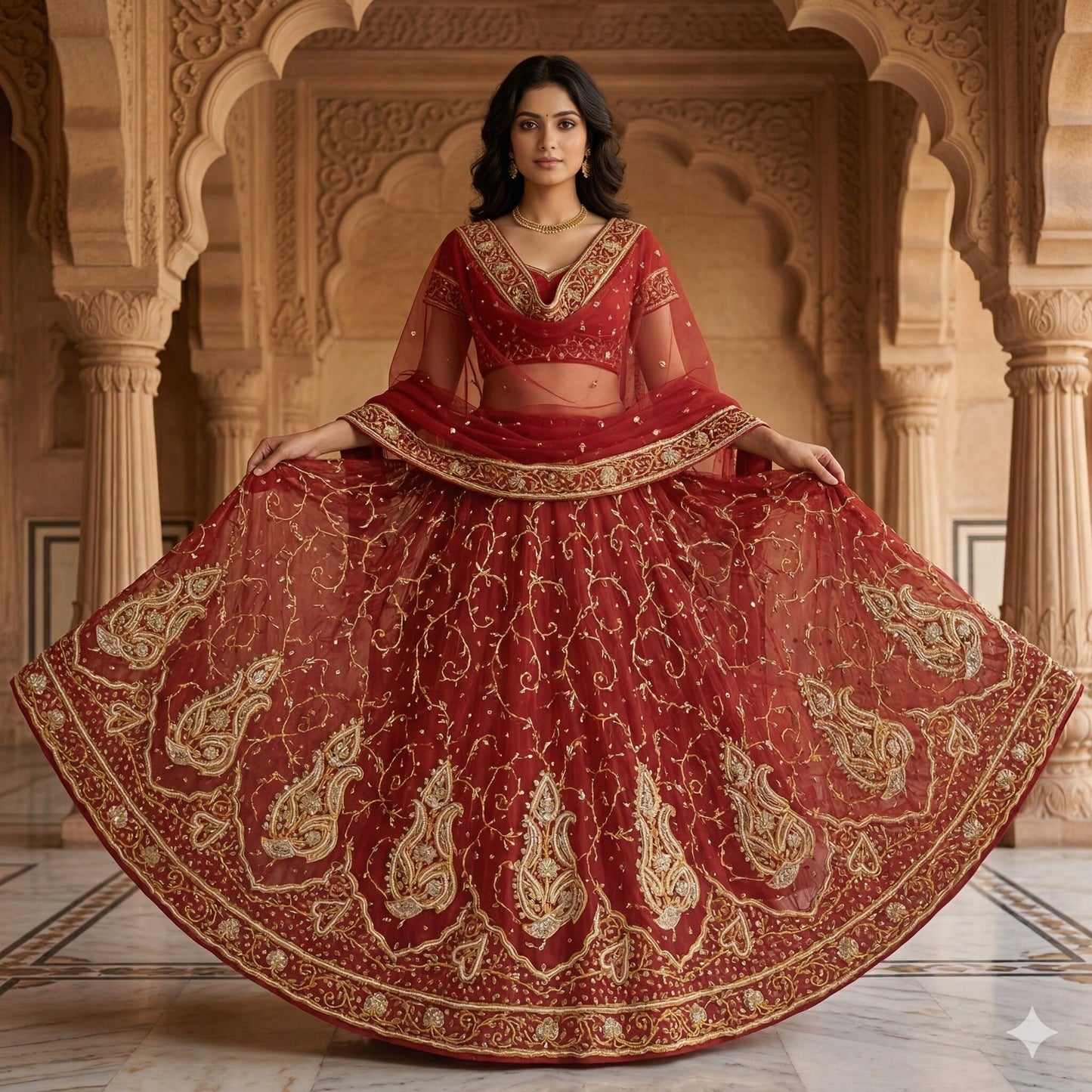 Sanskriti Vintage Red Georgette Unstitched Lehenga Hand Embroidery Zardozi Dabka