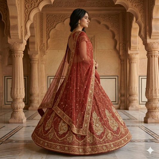 Sanskriti Vintage Red Georgette Unstitched Lehenga Hand Embroidery Zardozi Dabka
