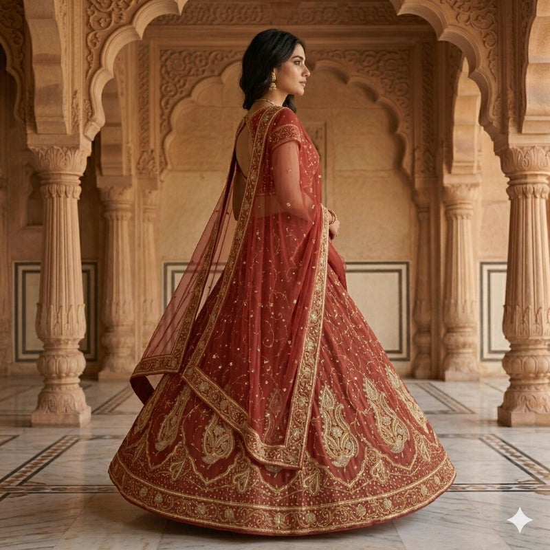 Sanskriti Vintage Red Georgette Unstitched Lehenga Hand Embroidery Zardozi Dabka