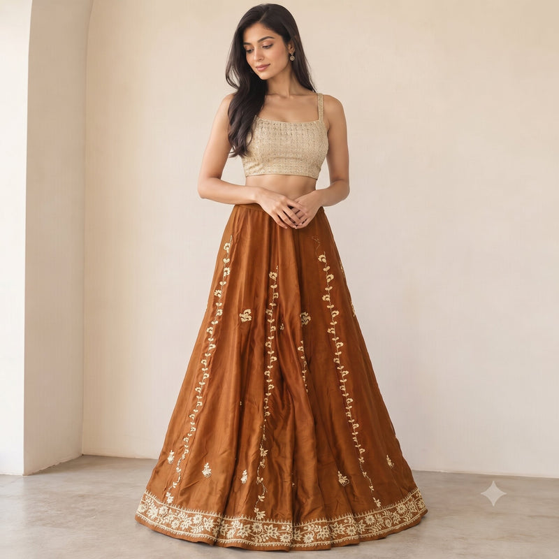 Sanskriti New Orange Pure Silk Unstitch Indian Lehenga Hand Embroidered Zardozi