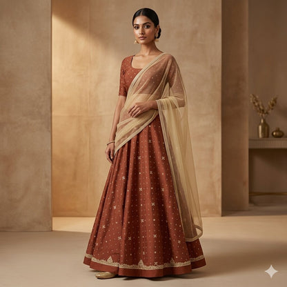 Sanskriti Vintage Brown Art Silk Unstitched Lehenga Hand Embroidery Zardozi Bead
