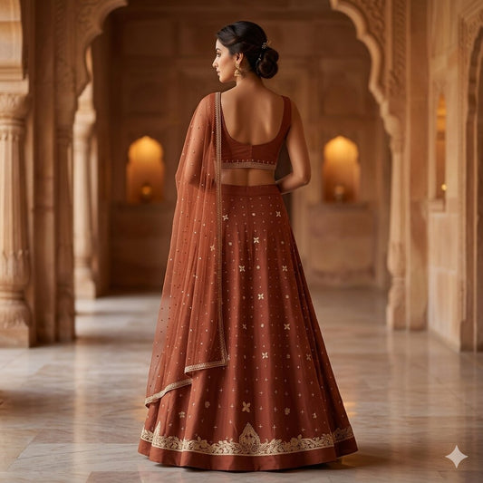 Sanskriti Vintage Brown Art Silk Unstitched Lehenga Hand Embroidery Zardozi Bead