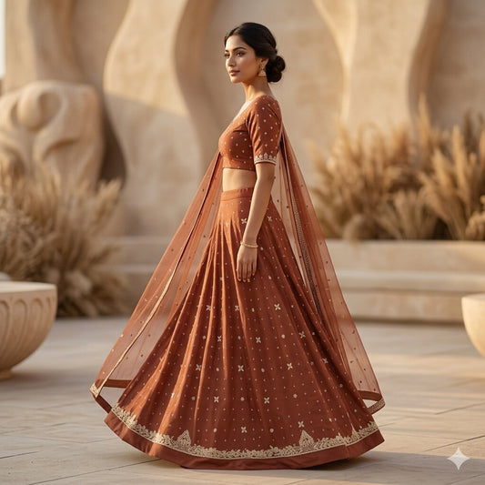 Sanskriti Vintage Brown Art Silk Unstitched Lehenga Hand Embroidery Zardozi Bead