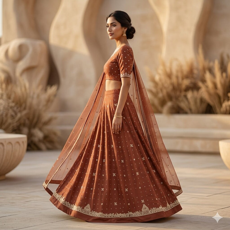 Sanskriti Vintage Brown Art Silk Unstitched Lehenga Hand Embroidery Zardozi Bead