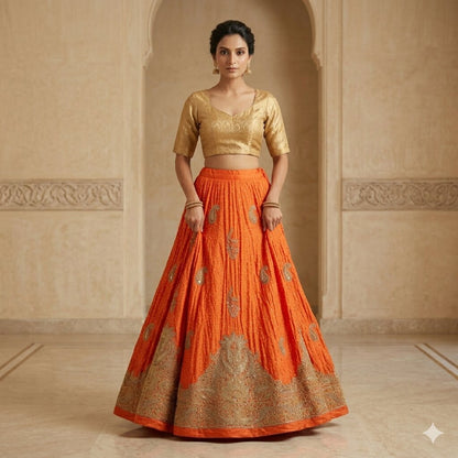 Sanskriti Vintage Orange Pure Silk Unstitched Lehenga Hand Embroidered Zardozi