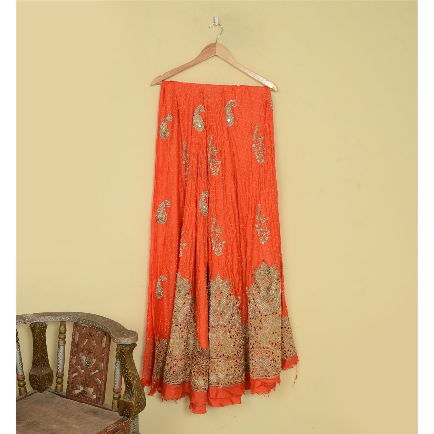 Sanskriti Vintage Orange Pure Silk Unstitched Lehenga Hand Embroidered Zardozi