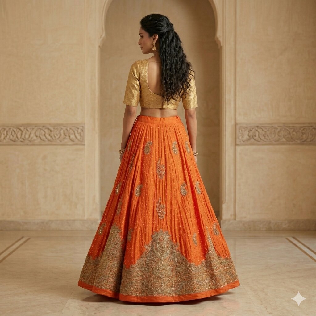 Sanskriti Vintage Orange Pure Silk Unstitched Lehenga Hand Embroidered Zardozi