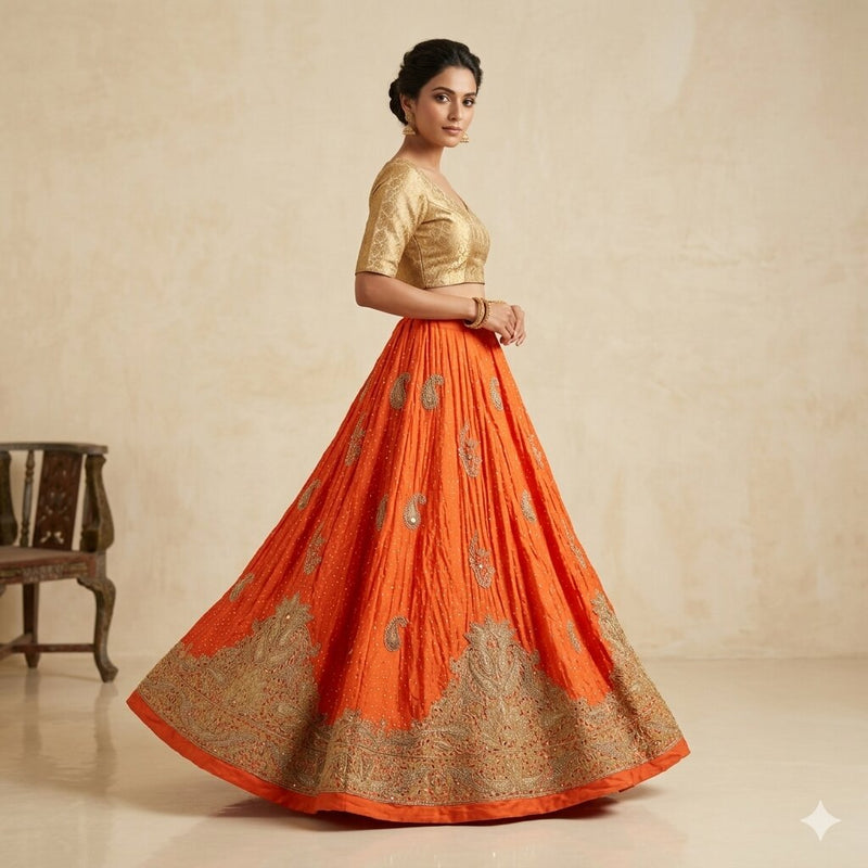Sanskriti Vintage Orange Pure Silk Unstitched Lehenga Hand Embroidered Zardozi