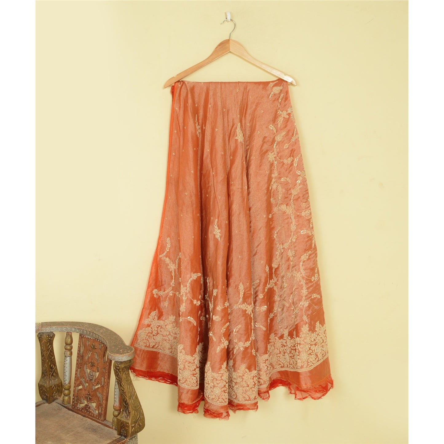 Sanskriti Vintage Orange Pure Silk Unstitched Lehenga Hand Embroidered Zardozi