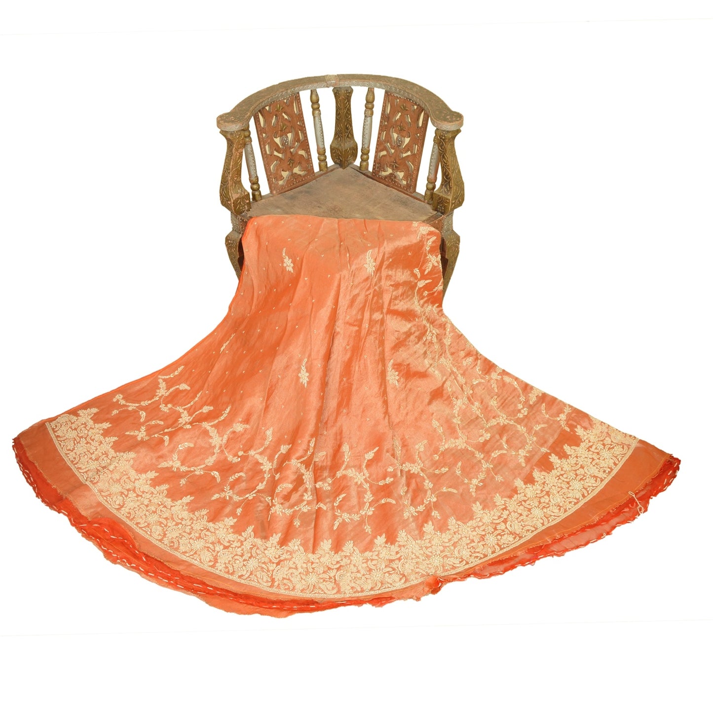 Sanskriti Vintage Orange Pure Silk Unstitched Lehenga Hand Embroidered Zardozi