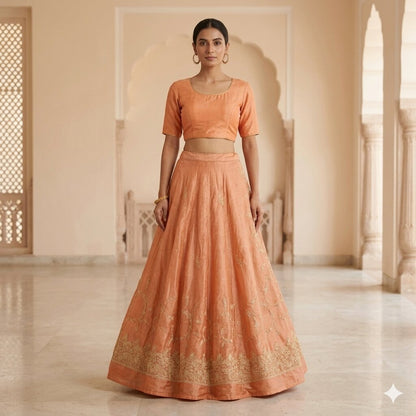 Sanskriti Vintage Orange Pure Silk Unstitched Lehenga Hand Embroidered Zardozi