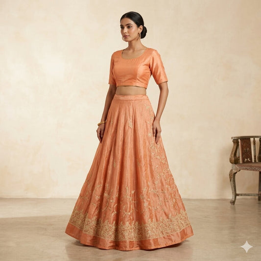 Sanskriti Vintage Orange Pure Silk Unstitched Lehenga Hand Embroidered Zardozi