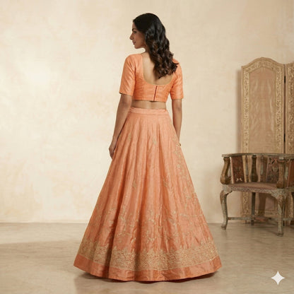 Sanskriti Vintage Orange Pure Silk Unstitched Lehenga Hand Embroidered Zardozi