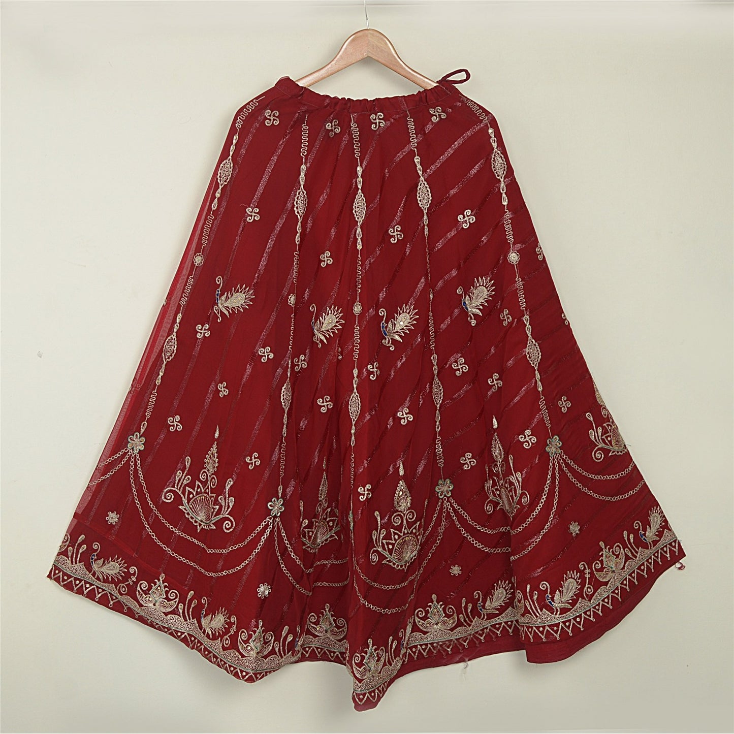 Sanskriti Vintage Dark Red Georgette Stitched Lehenga Peacock Zari Embroidered