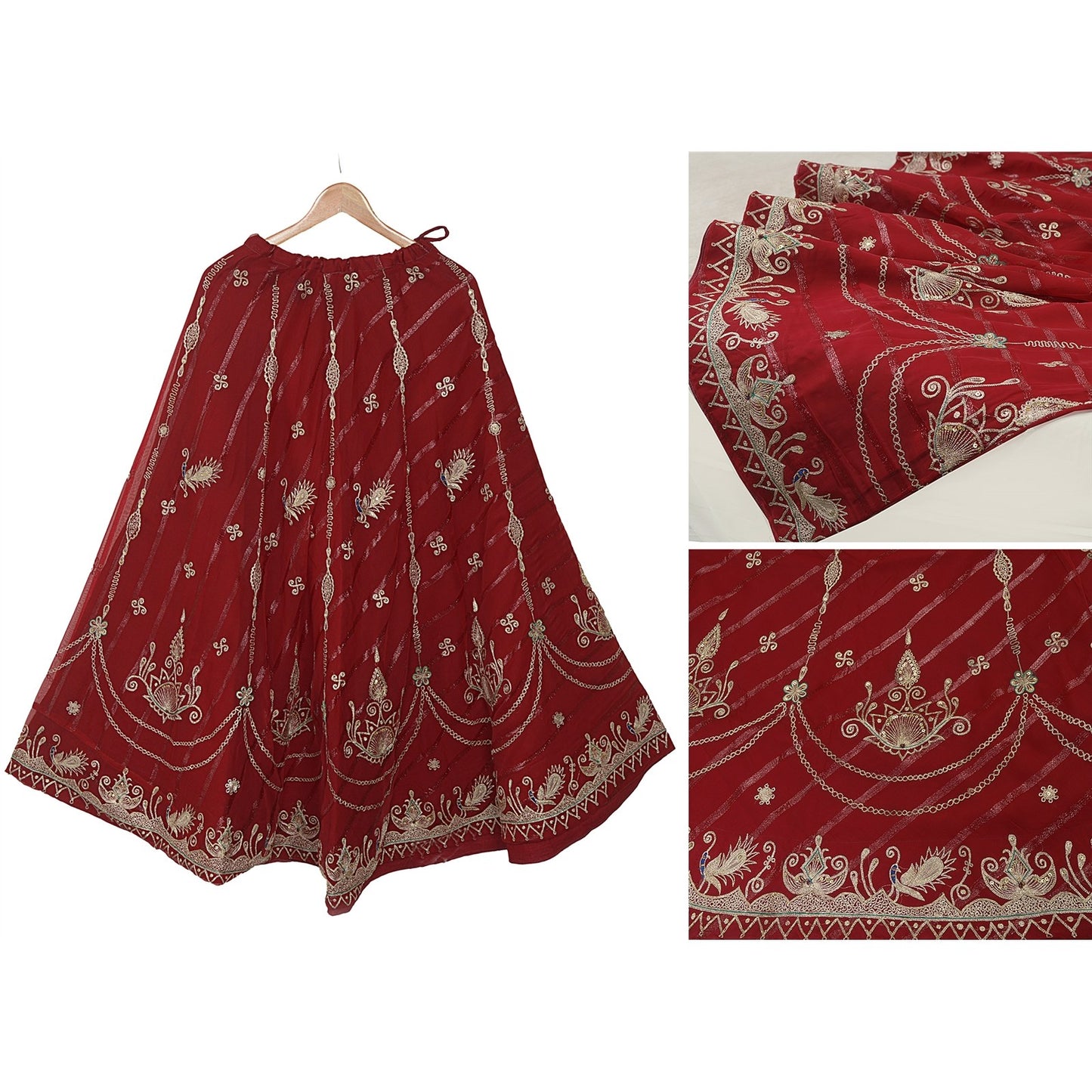Sanskriti Vintage Dark Red Georgette Stitched Lehenga Peacock Zari Embroidered