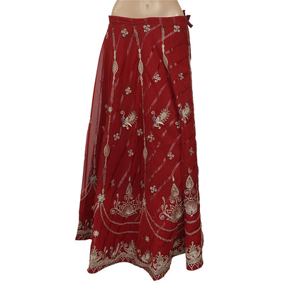 Sanskriti Vintage Dark Red Georgette Stitched Lehenga Peacock Zari Embroidered