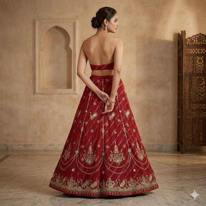 Sanskriti Vintage Dark Red Georgette Stitched Lehenga Peacock Zari Embroidered