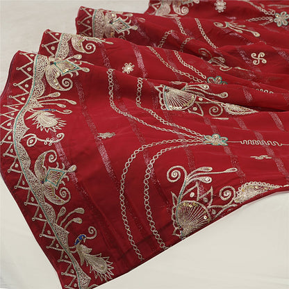 Sanskriti Vintage Dark Red Georgette Stitched Lehenga Peacock Zari Embroidered
