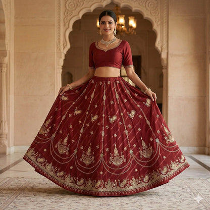Sanskriti Vintage Dark Red Georgette Stitched Lehenga Peacock Zari Embroidered