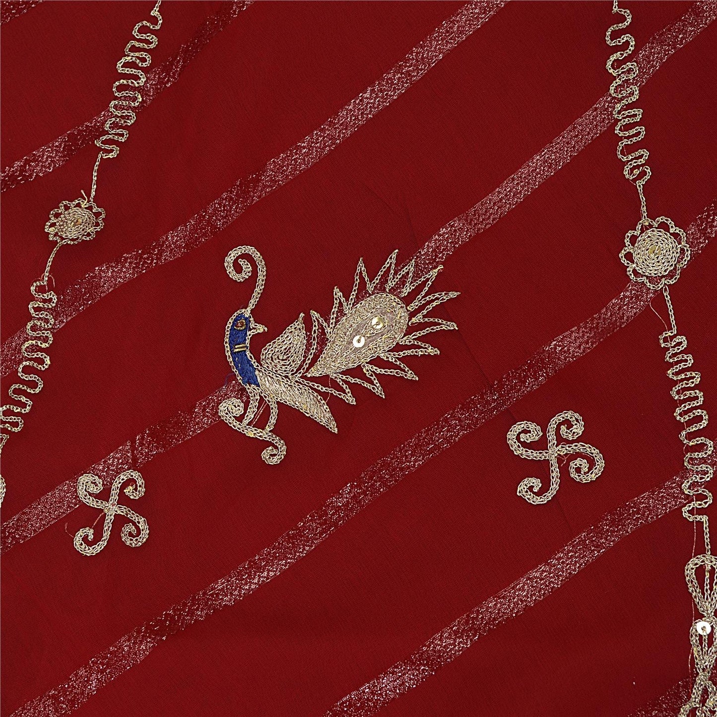 Sanskriti Vintage Dark Red Georgette Stitched Lehenga Peacock Zari Embroidered