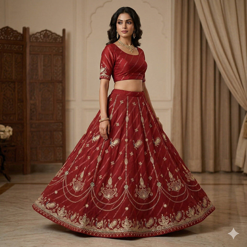 Sanskriti Vintage Dark Red Georgette Stitched Lehenga Peacock Zari Embroidered