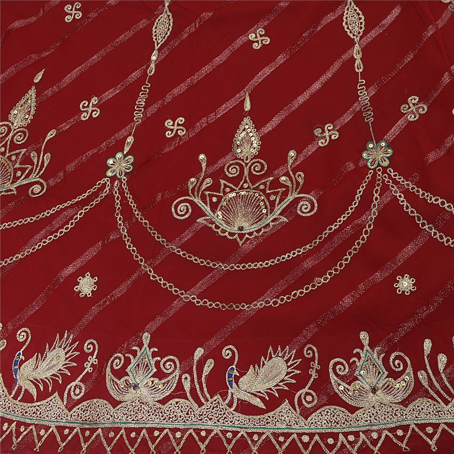 Sanskriti Vintage Dark Red Georgette Stitched Lehenga Peacock Zari Embroidered